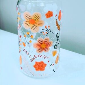 Floral Glass Tumbler with Orange Accents